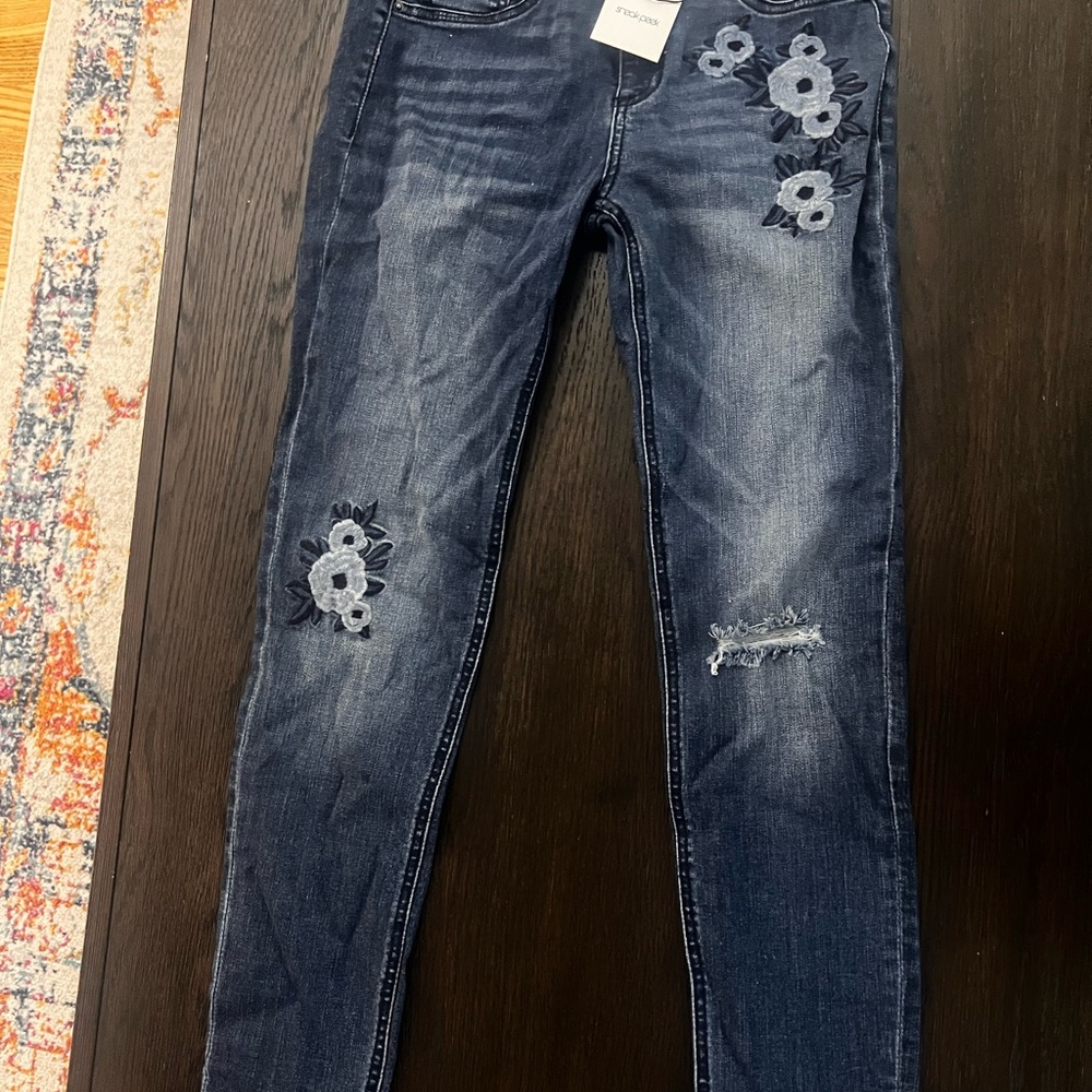 Sneak Peek Dark Blue distressed Floral Skinny Jeans